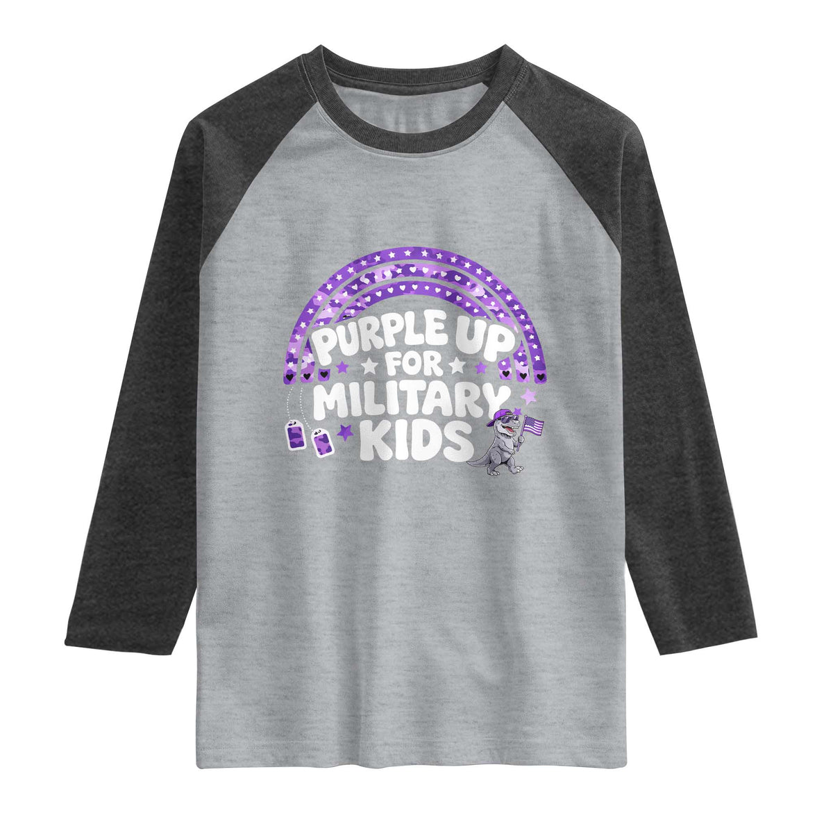Purple Up For Military Kids Raglan Shirt Cute Dino Dinosaur Proud Military Child Rainbow TS10 Heather Gray Heather Charcoal Print Your Wear