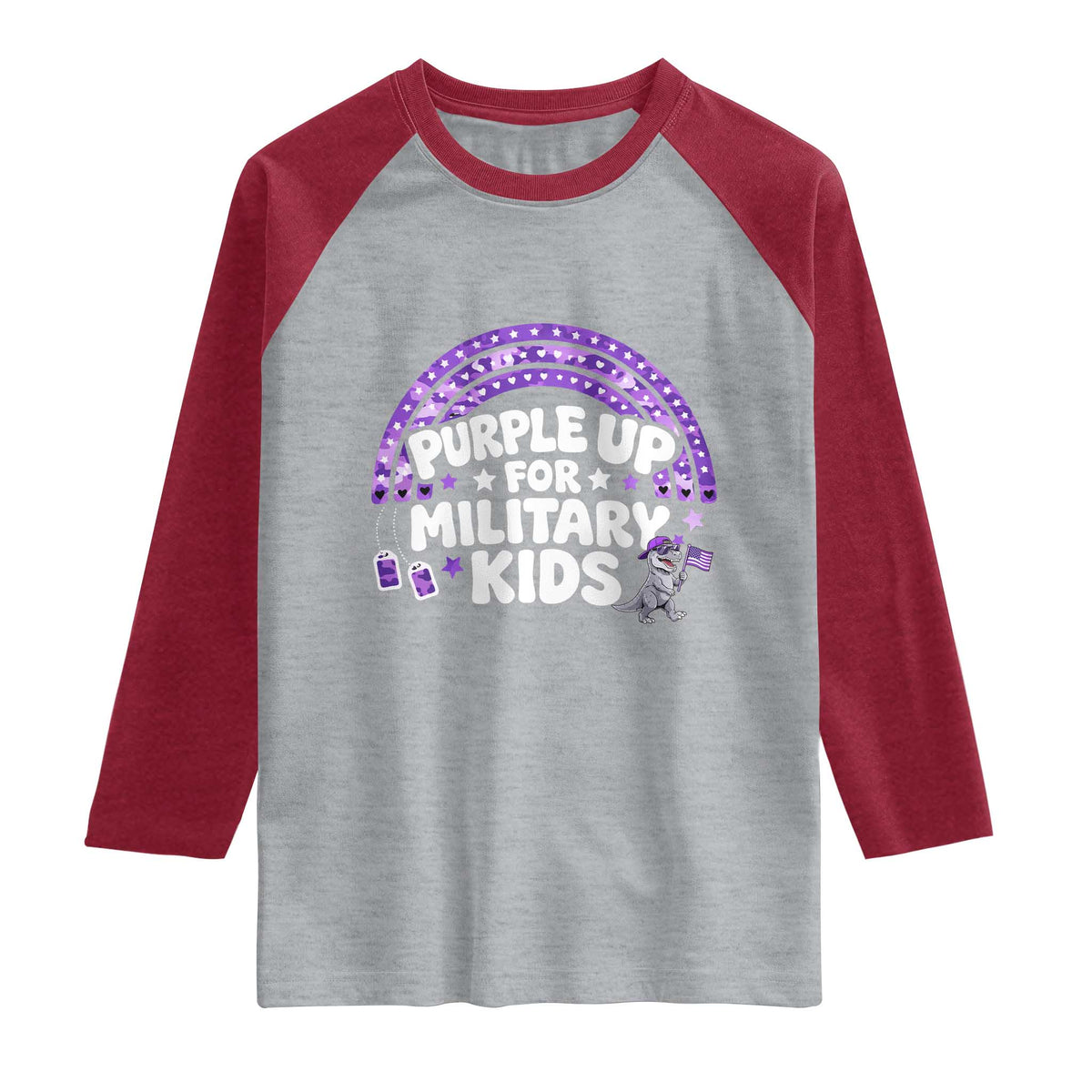 Purple Up For Military Kids Raglan Shirt Cute Dino Dinosaur Proud Military Child Rainbow TS10 Heather Gray Heather Red Print Your Wear