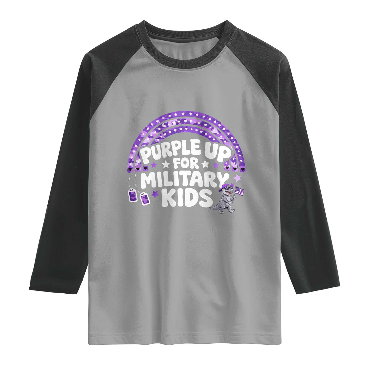 Purple Up For Military Kids Raglan Shirt Cute Dino Dinosaur Proud Military Child Rainbow TS10 Sport Gray Black Print Your Wear
