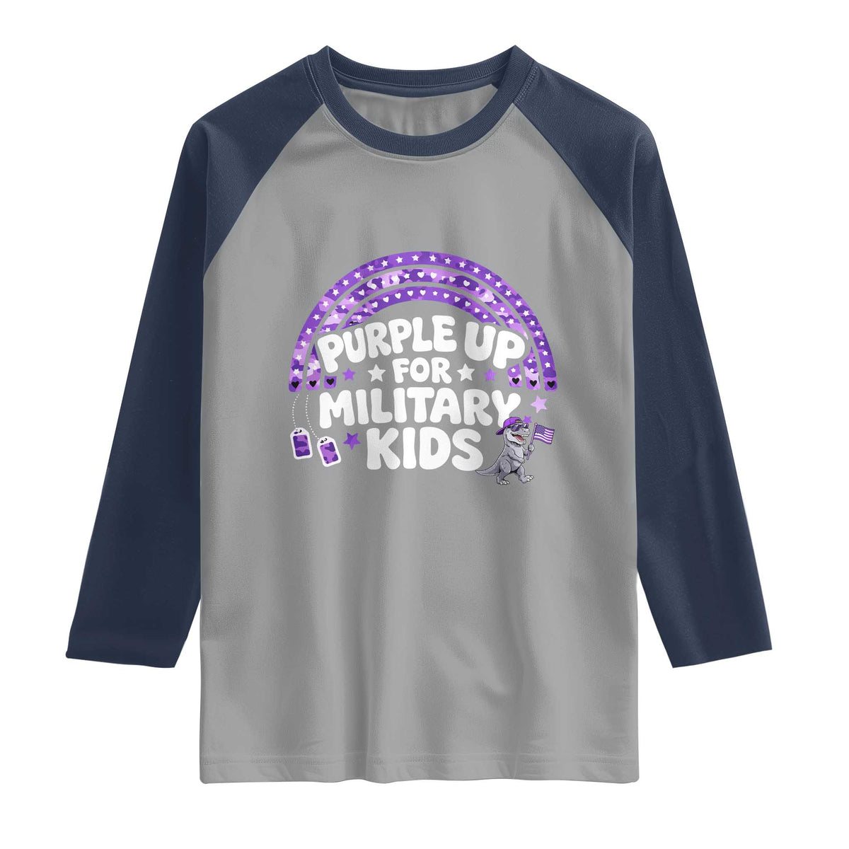 Purple Up For Military Kids Raglan Shirt Cute Dino Dinosaur Proud Military Child Rainbow TS10 Sport Gray Navy Print Your Wear