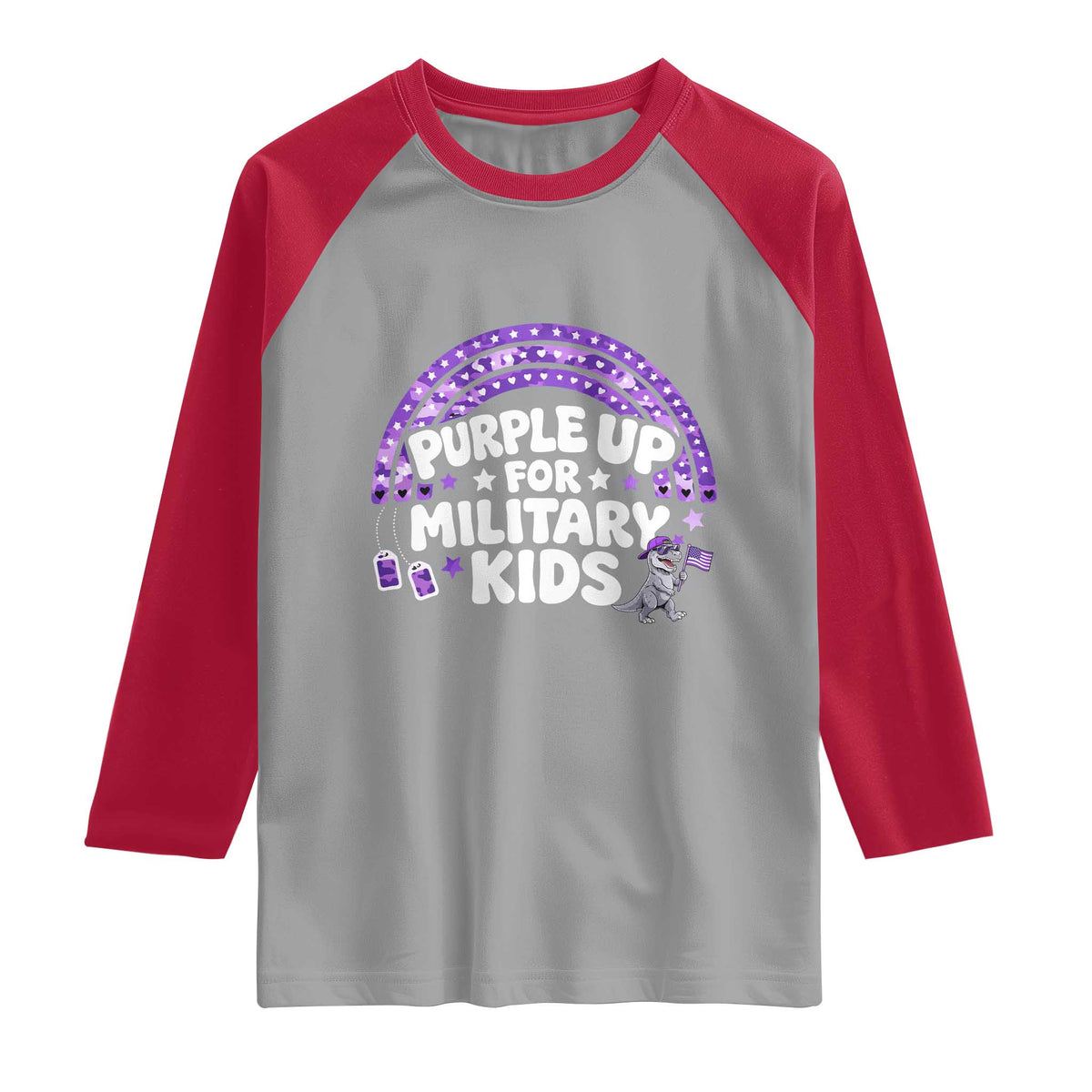 Purple Up For Military Kids Raglan Shirt Cute Dino Dinosaur Proud Military Child Rainbow TS10 Sport Gray Red Print Your Wear