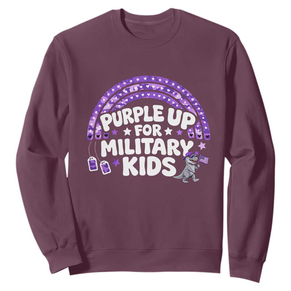 Purple Up For Military Kids Sweatshirt Cute Dino Dinosaur Proud Military Child Rainbow TS10 Maroon Print Your Wear