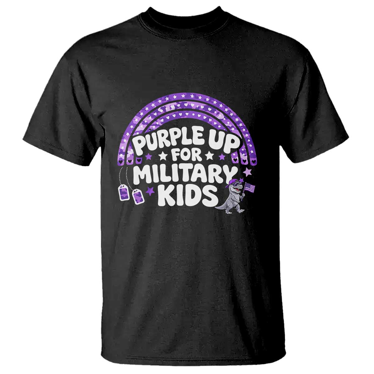 Purple Up For Military Kids T Shirt Cute Dino Dinosaur Proud Military Child Rainbow TS10 Black Print Your Wear
