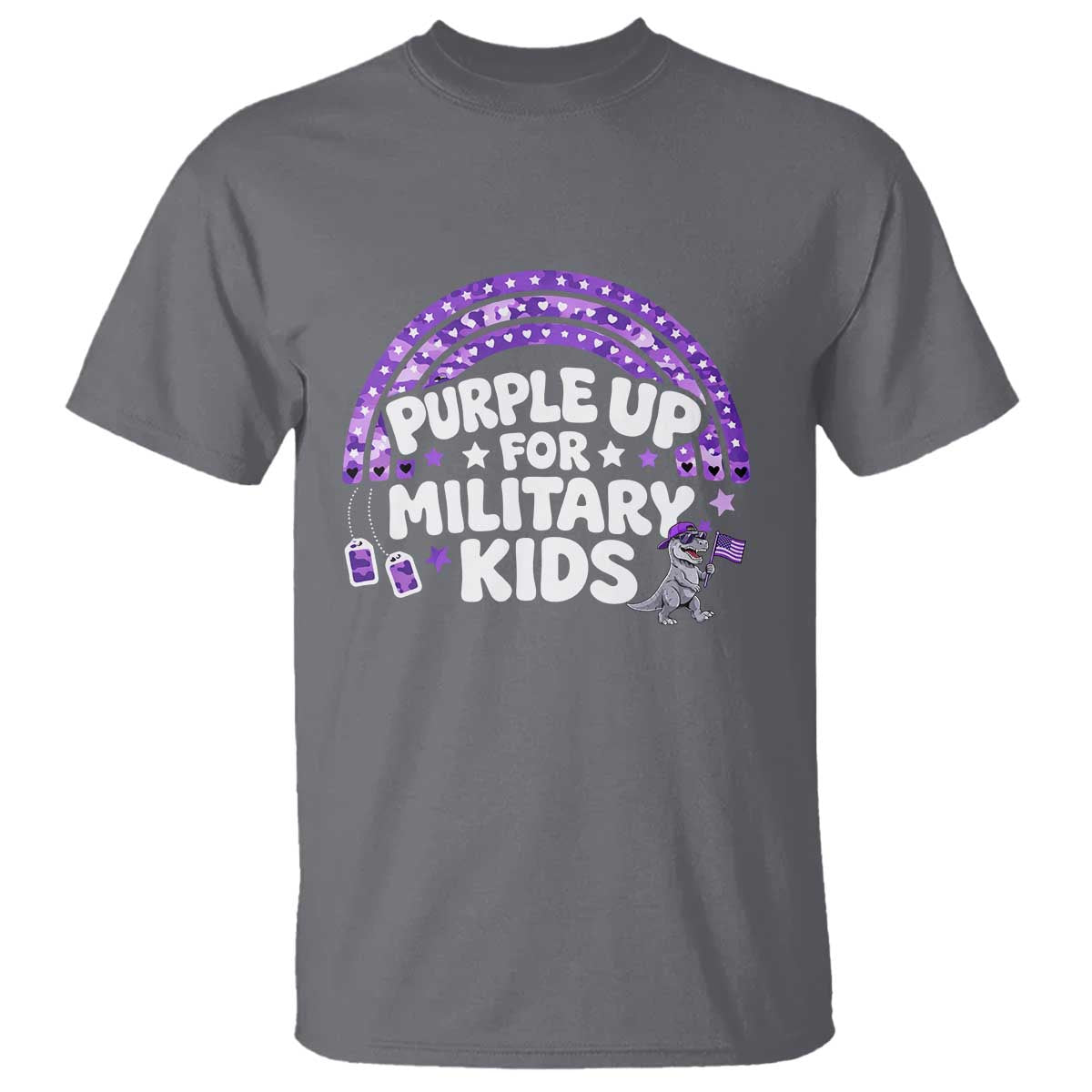 Purple Up For Military Kids T Shirt Cute Dino Dinosaur Proud Military Child Rainbow TS10 Charcoal Print Your Wear