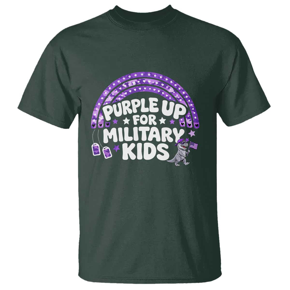 Purple Up For Military Kids T Shirt Cute Dino Dinosaur Proud Military Child Rainbow TS10 Dark Forest Green Print Your Wear