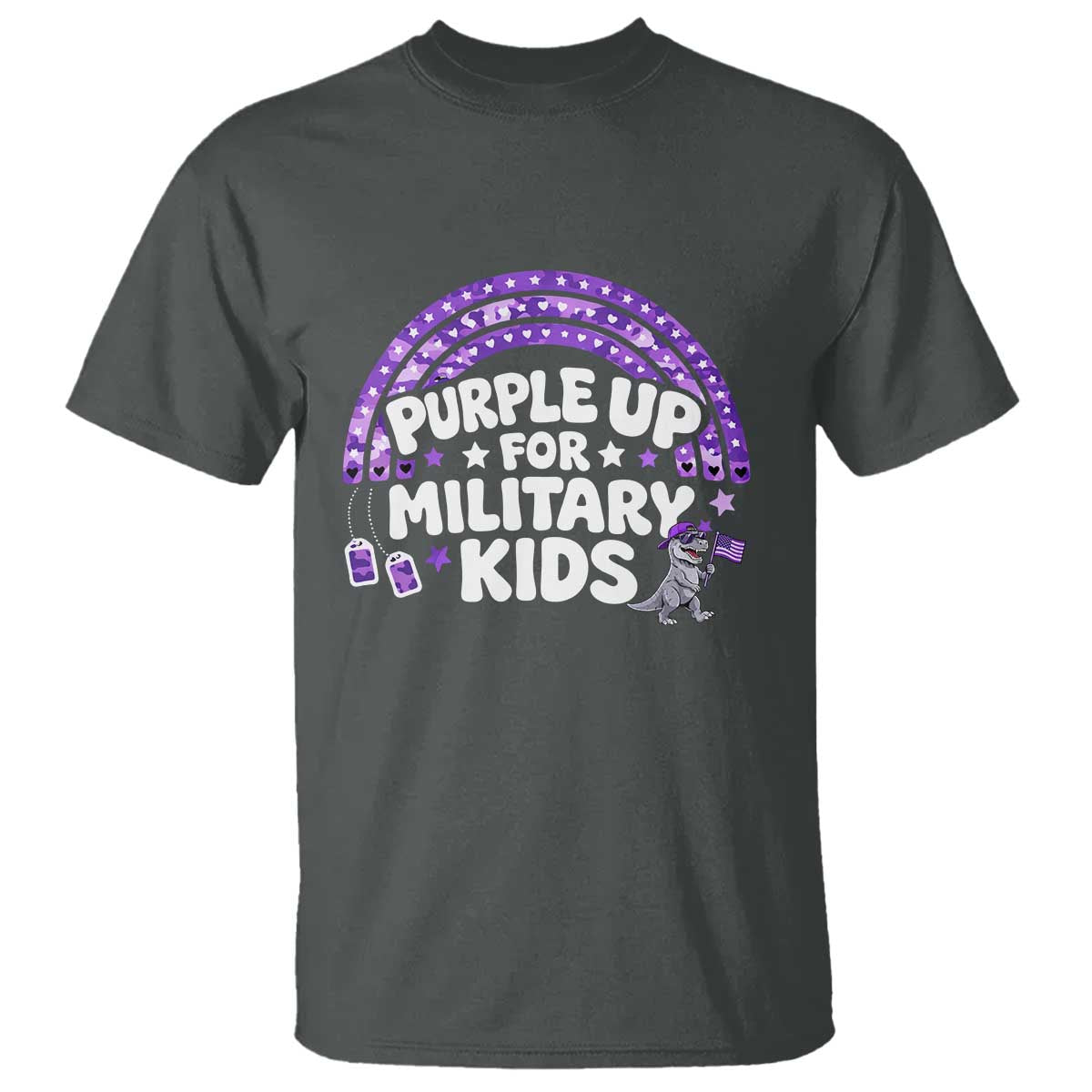 Purple Up For Military Kids T Shirt Cute Dino Dinosaur Proud Military Child Rainbow TS10 Dark Heather Print Your Wear
