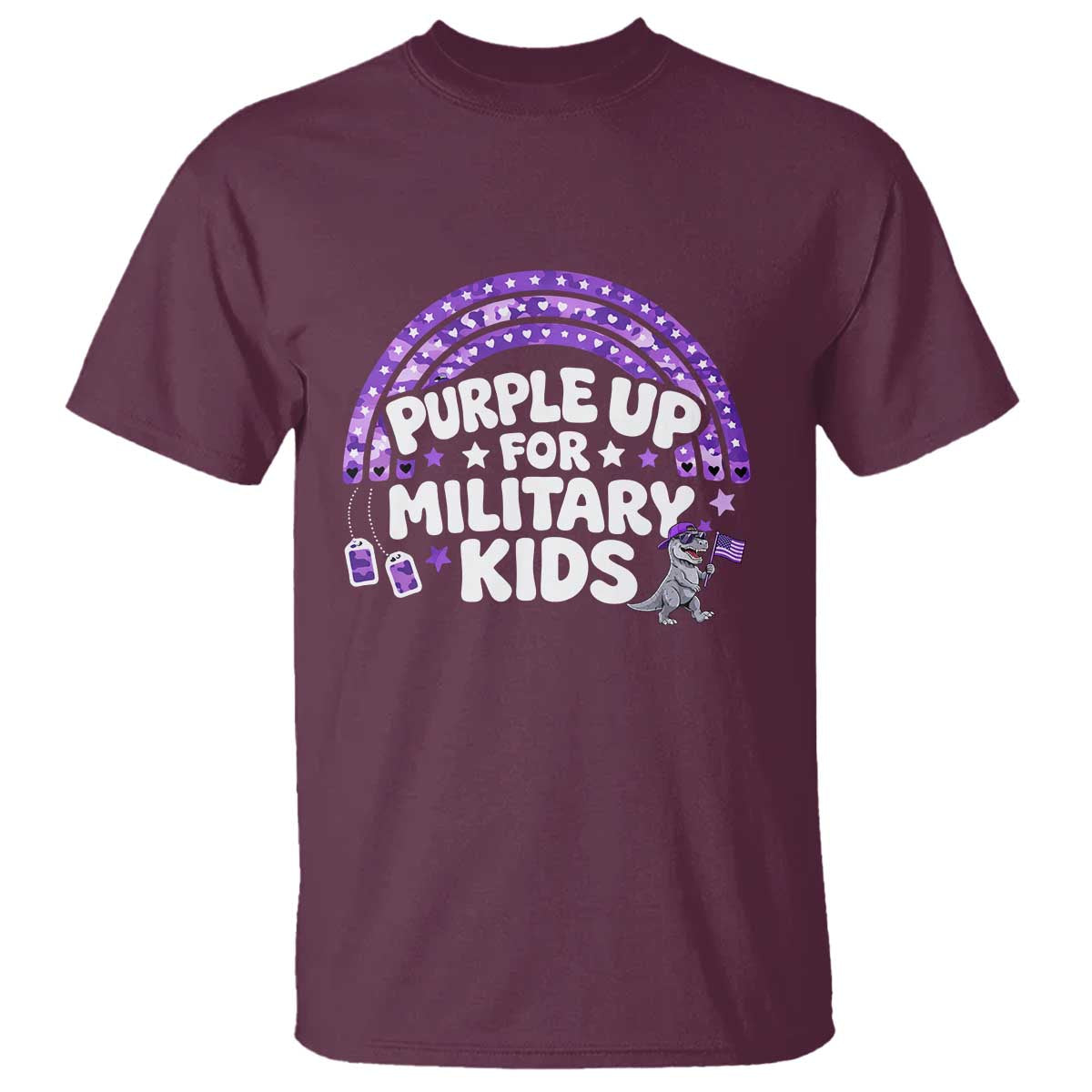 Purple Up For Military Kids T Shirt Cute Dino Dinosaur Proud Military Child Rainbow TS10 Maroon Print Your Wear