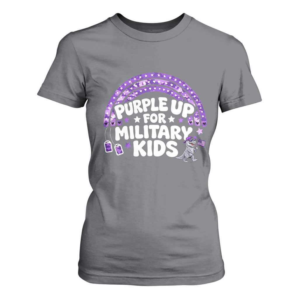 Purple Up For Military Kids T Shirt For Women Cute Dino Dinosaur Proud Military Child Rainbow TS10 Charcoal Print Your Wear
