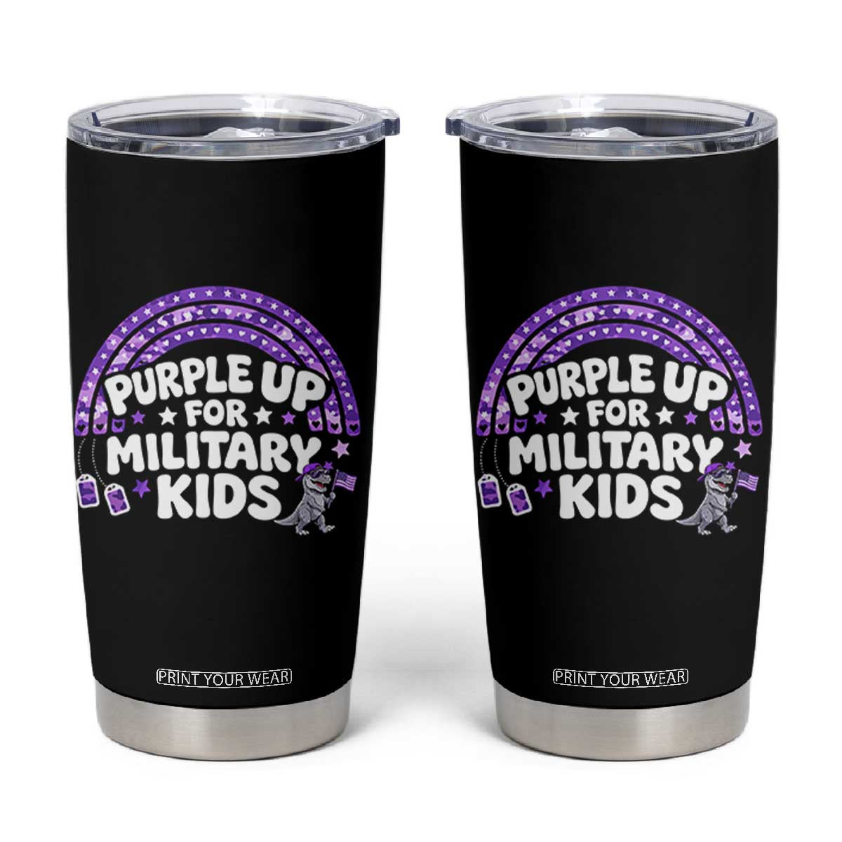 Purple Up For Military Kids Tumbler Cup Cute Dino Dinosaur Proud Military Child Rainbow TS10 Black Print Your Wear