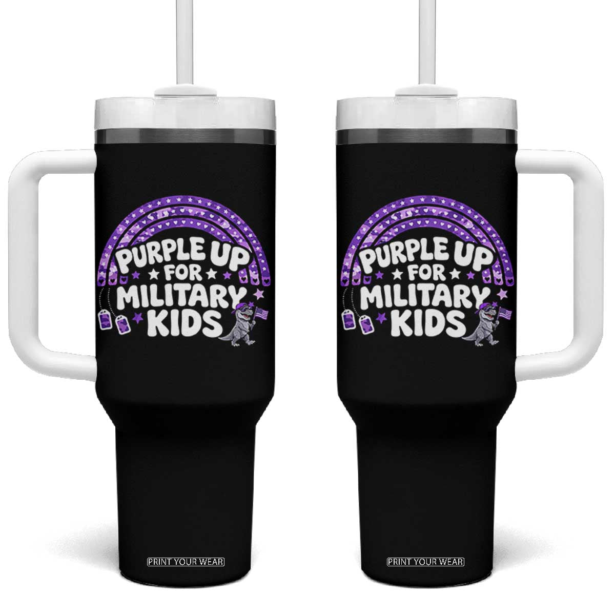 Purple Up For Military Kids Tumbler With Handle Cute Dino Dinosaur Proud Military Child Rainbow TS10 One Size: 40 oz Black Print Your Wear