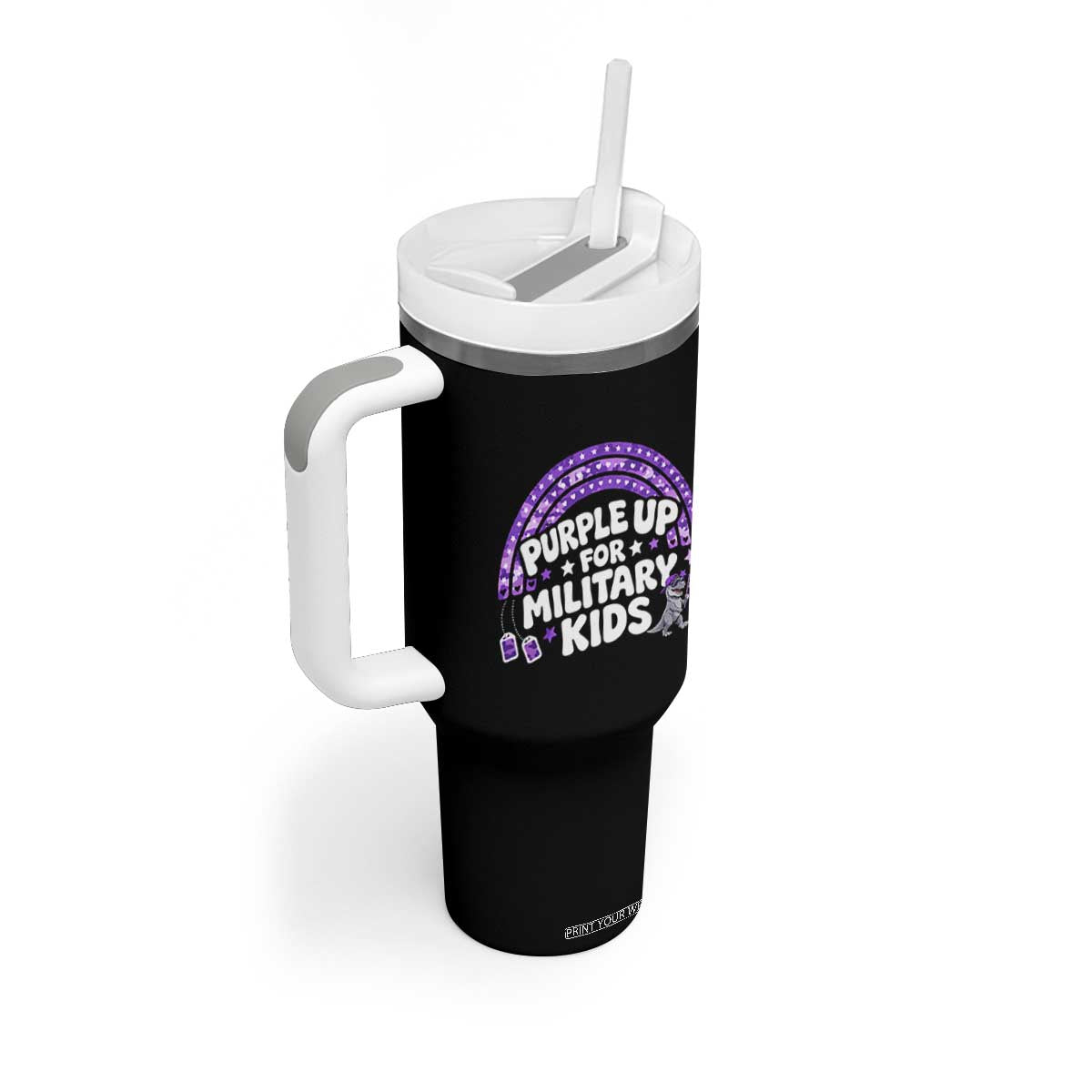 Purple Up For Military Kids Tumbler With Handle Cute Dino Dinosaur Proud Military Child Rainbow TS10 Print Your Wear