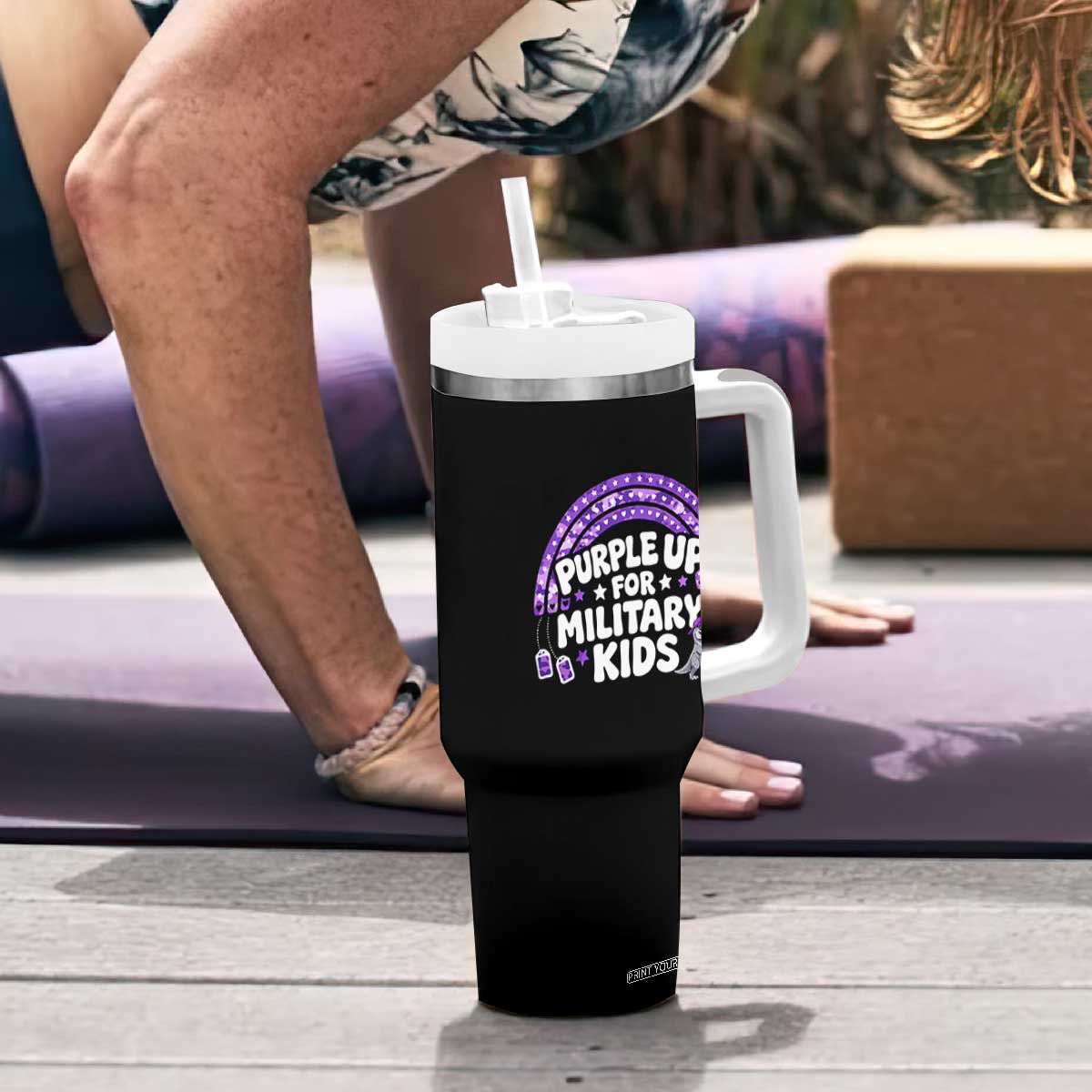 Purple Up For Military Kids Tumbler With Handle Cute Dino Dinosaur Proud Military Child Rainbow TS10 Print Your Wear