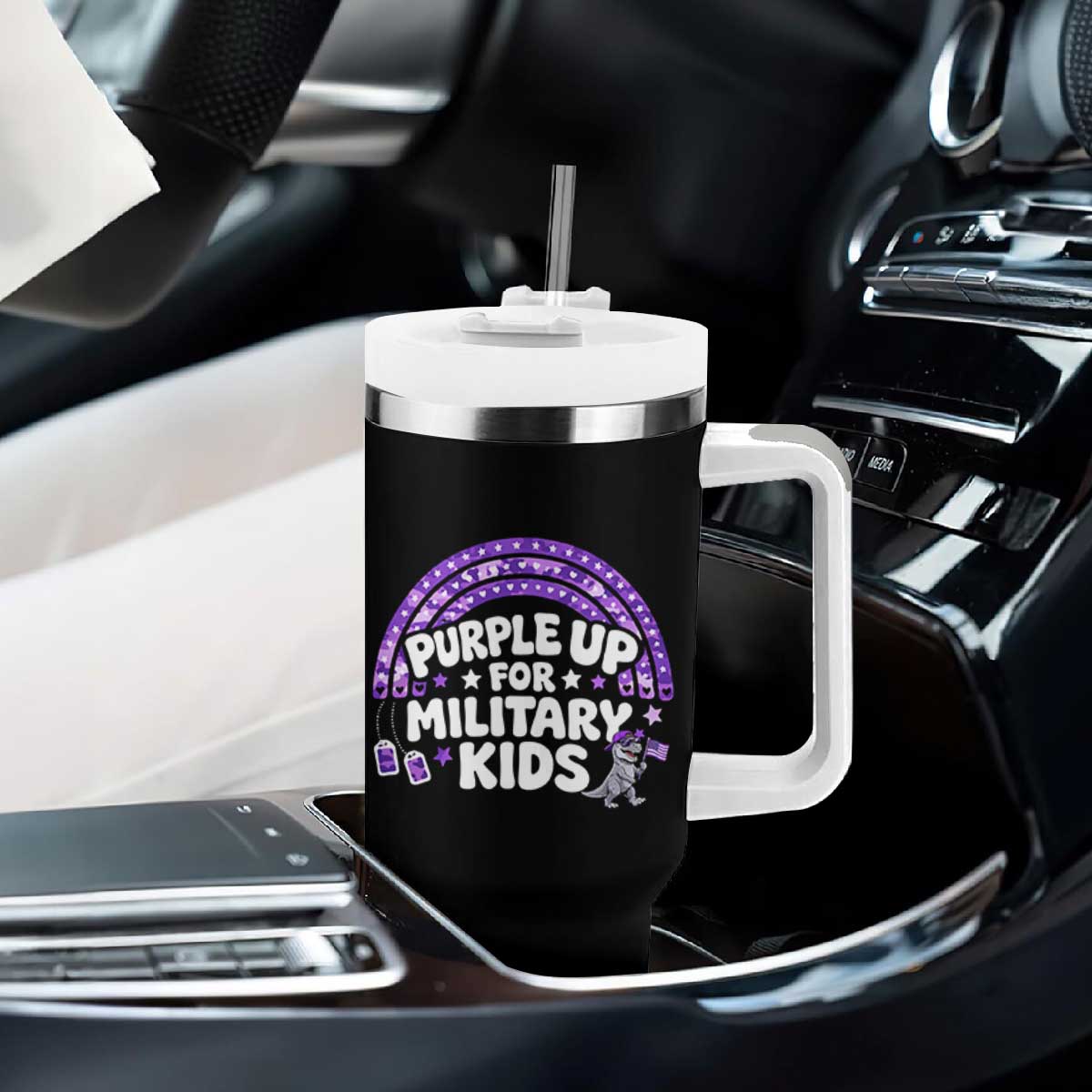 Purple Up For Military Kids Tumbler With Handle Cute Dino Dinosaur Proud Military Child Rainbow TS10 Print Your Wear