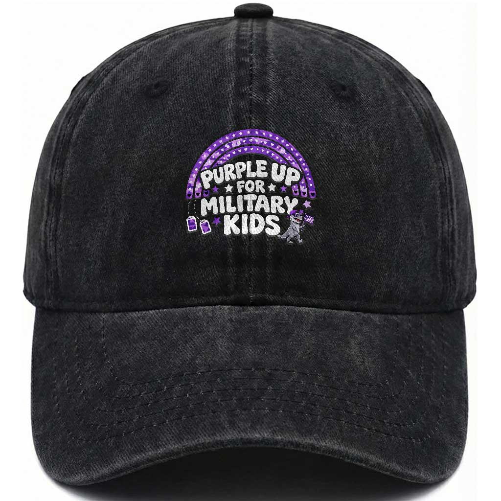 Purple Up For Military Kids Washed Cotton Baseball Cap Cute Dino Dinosaur Proud Military Child Rainbow TS10 Washed Cap Universal Fit Black Print Your Wear