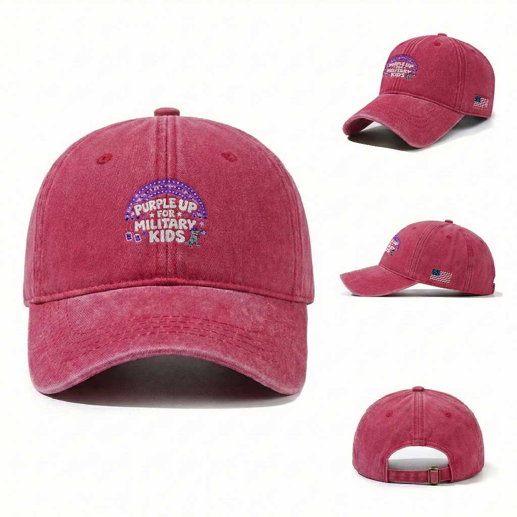 Purple Up For Military Kids Washed Cotton Baseball Cap Cute Dino Dinosaur Proud Military Child Rainbow TS10 Washed Cap Universal Fit Red Print Your Wear