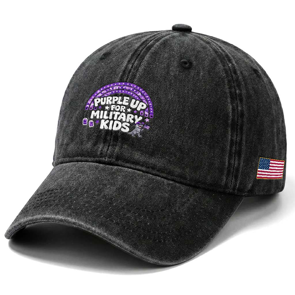 Purple Up For Military Kids Washed Cotton Baseball Cap Cute Dino Dinosaur Proud Military Child Rainbow TS10 Print Your Wear