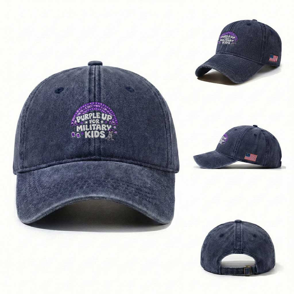 Purple Up For Military Kids Washed Cotton Baseball Cap Cute Dino Dinosaur Proud Military Child Rainbow TS10 Washed Cap Universal Fit Navy Print Your Wear