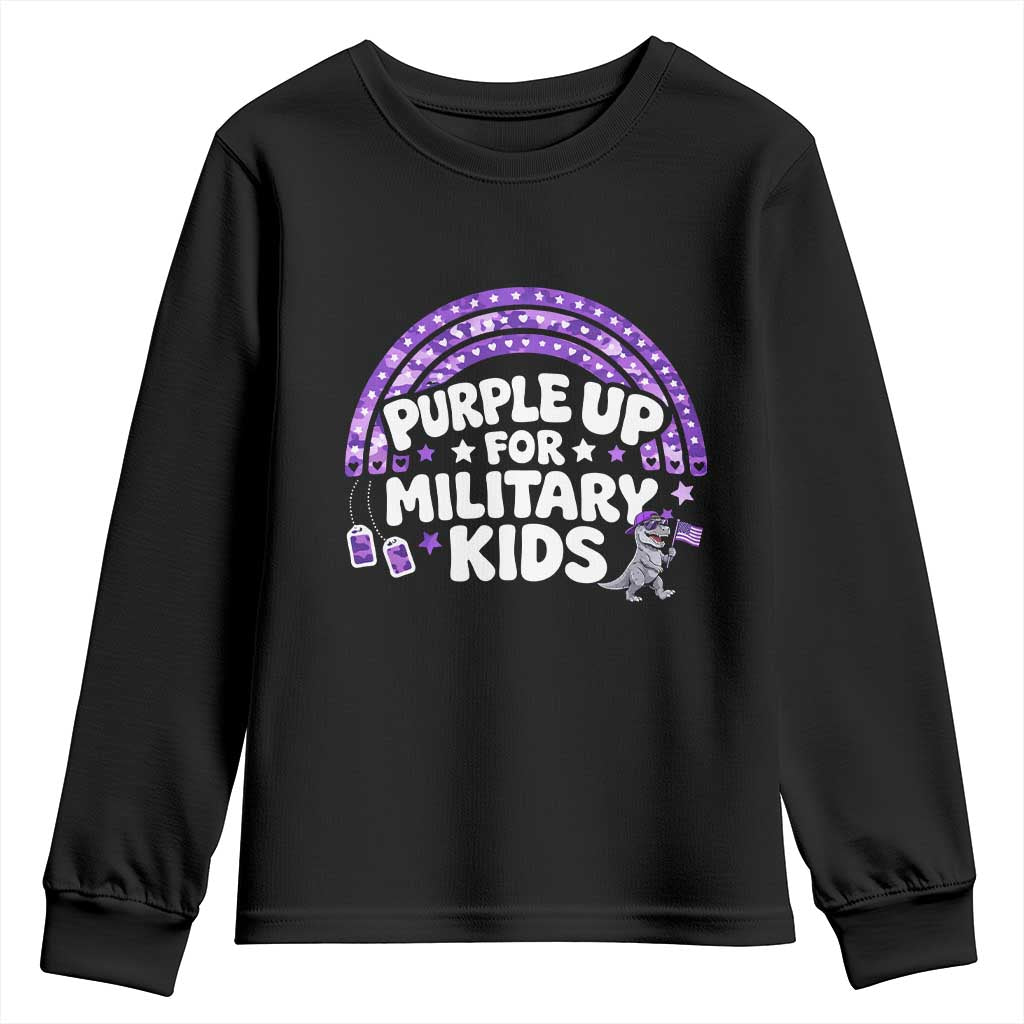 Purple Up For Military Kids Youth Sweatshirt Cute Dino Dinosaur Proud Military Child Rainbow TS10 Black Print Your Wear