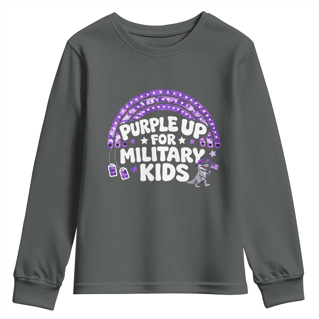 Purple Up For Military Kids Youth Sweatshirt Cute Dino Dinosaur Proud Military Child Rainbow TS10 Dark Heather Print Your Wear