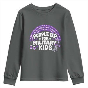 Purple Up For Military Kids Youth Sweatshirt Cute Dino Dinosaur Proud Military Child Rainbow TS10 Dark Heather Print Your Wear