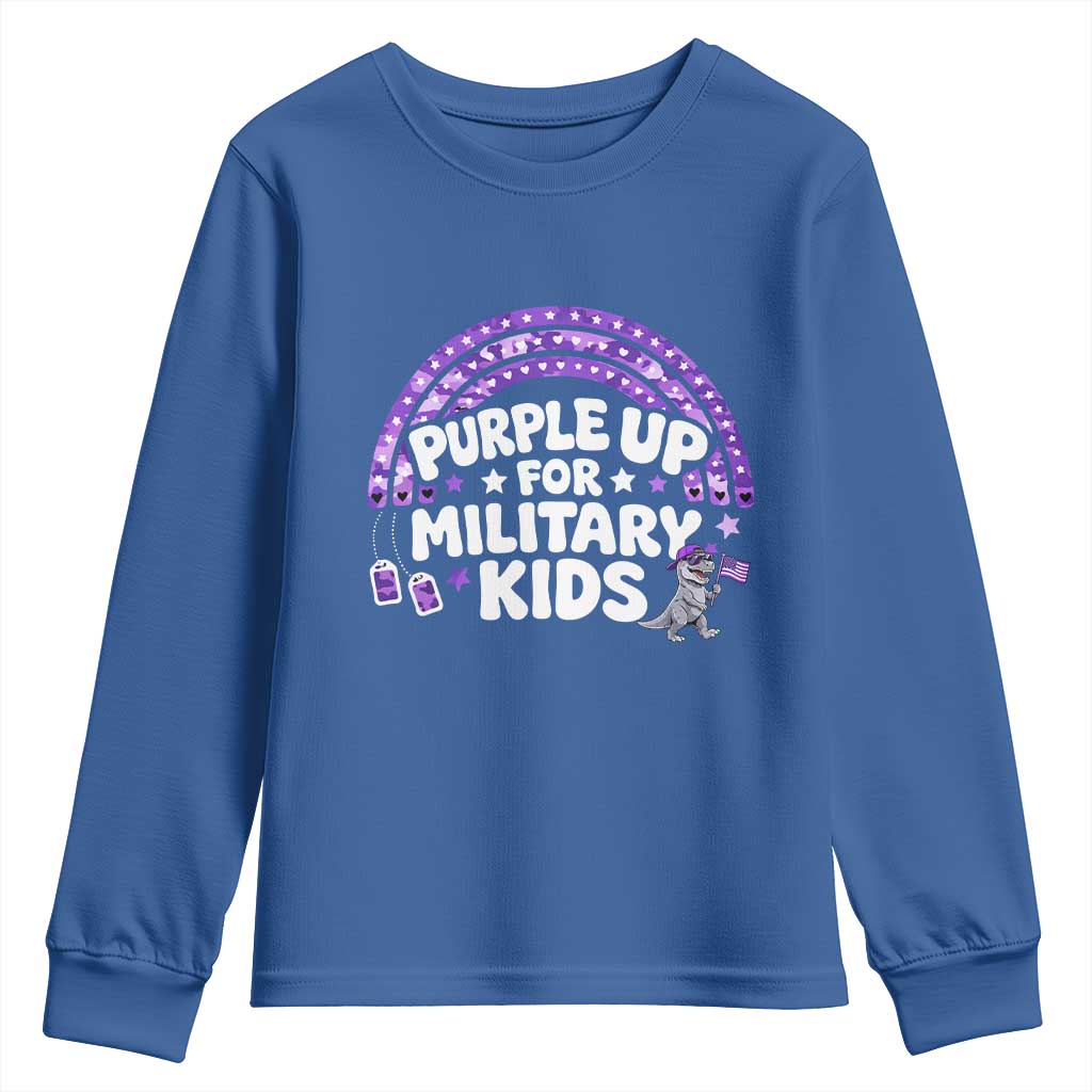Purple Up For Military Kids Youth Sweatshirt Cute Dino Dinosaur Proud Military Child Rainbow TS10 Royal Blue Print Your Wear