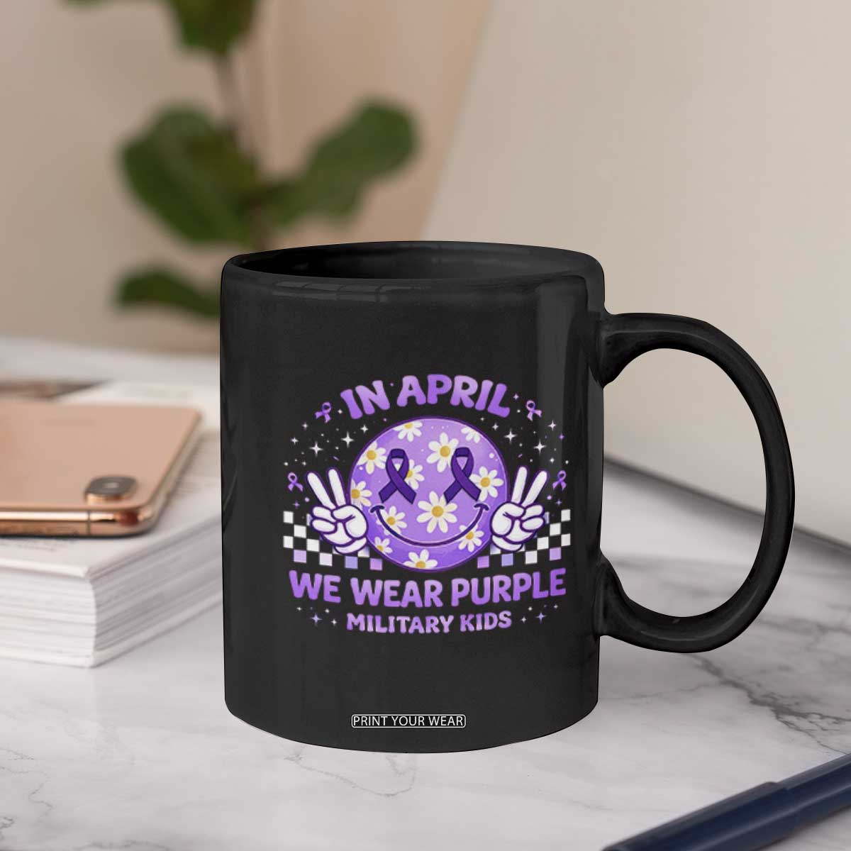 Proud Military Kids Coffee Mug Groovy Smile Face In April We Wear Purple Military Child Month TS10 Print Your Wear