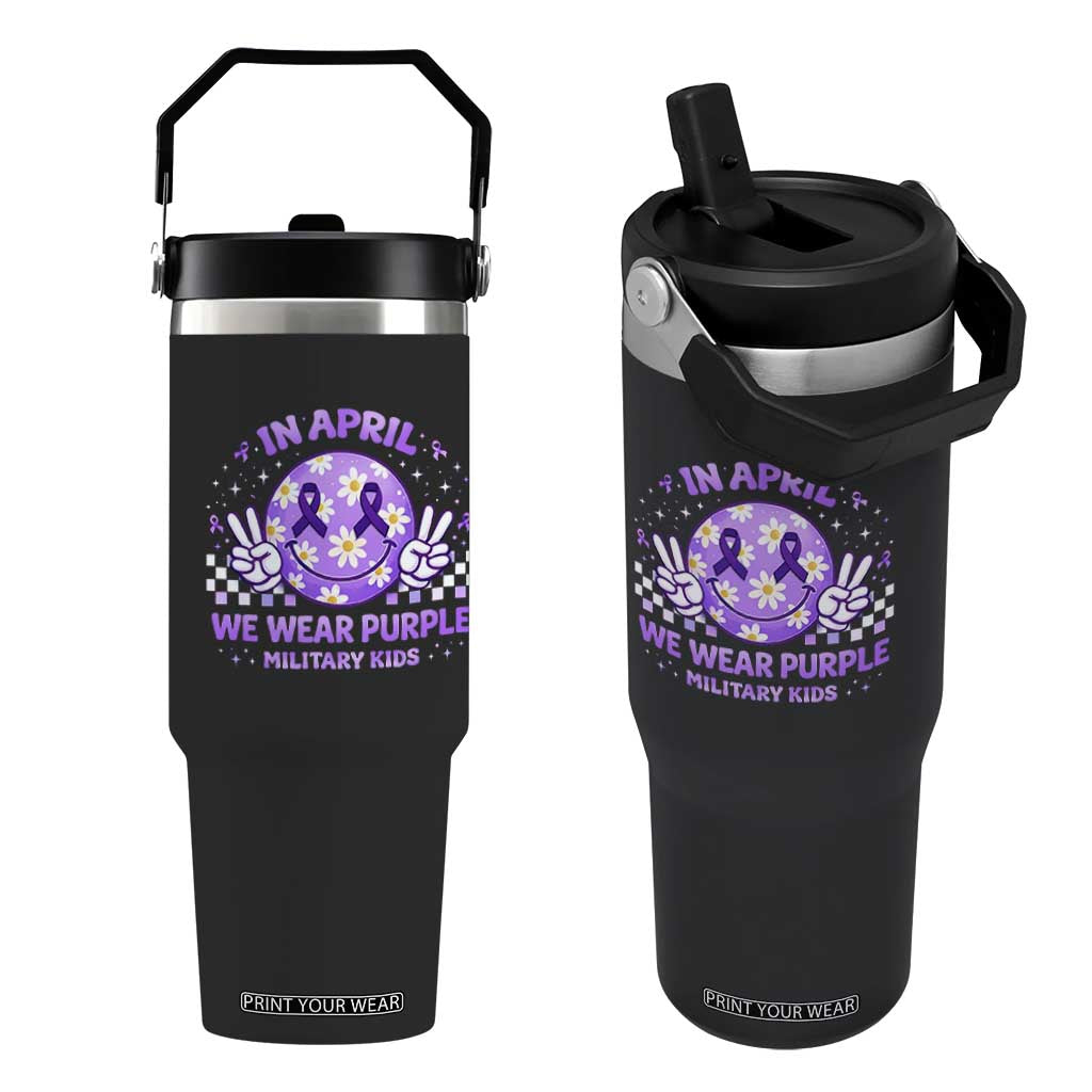 Proud Military Kids Flip Straw Tumbler Groovy Smile Face In April We Wear Purple Military Child Month TS10 One Size: 30 oz Black Print Your Wear