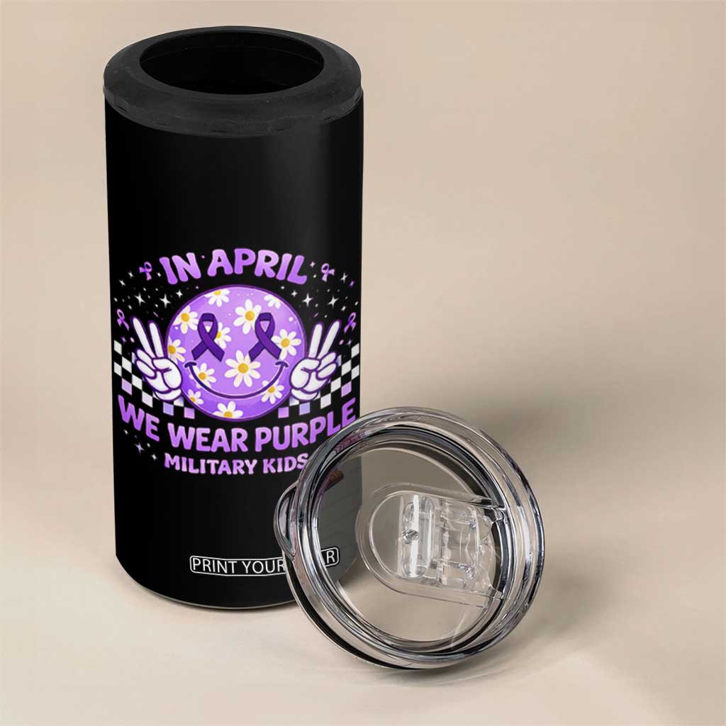 Proud Military Kids 4 in 1 Can Cooler Tumbler Groovy Smile Face In April We Wear Purple Military Child Month TS10 Print Your Wear