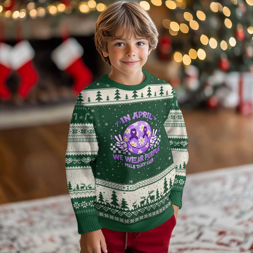 Proud Military Kids Ugly Christmas Sweater Groovy Smile Face In April We Wear Purple Military Child Month TS10 Forest Green Beige Print Your Wear