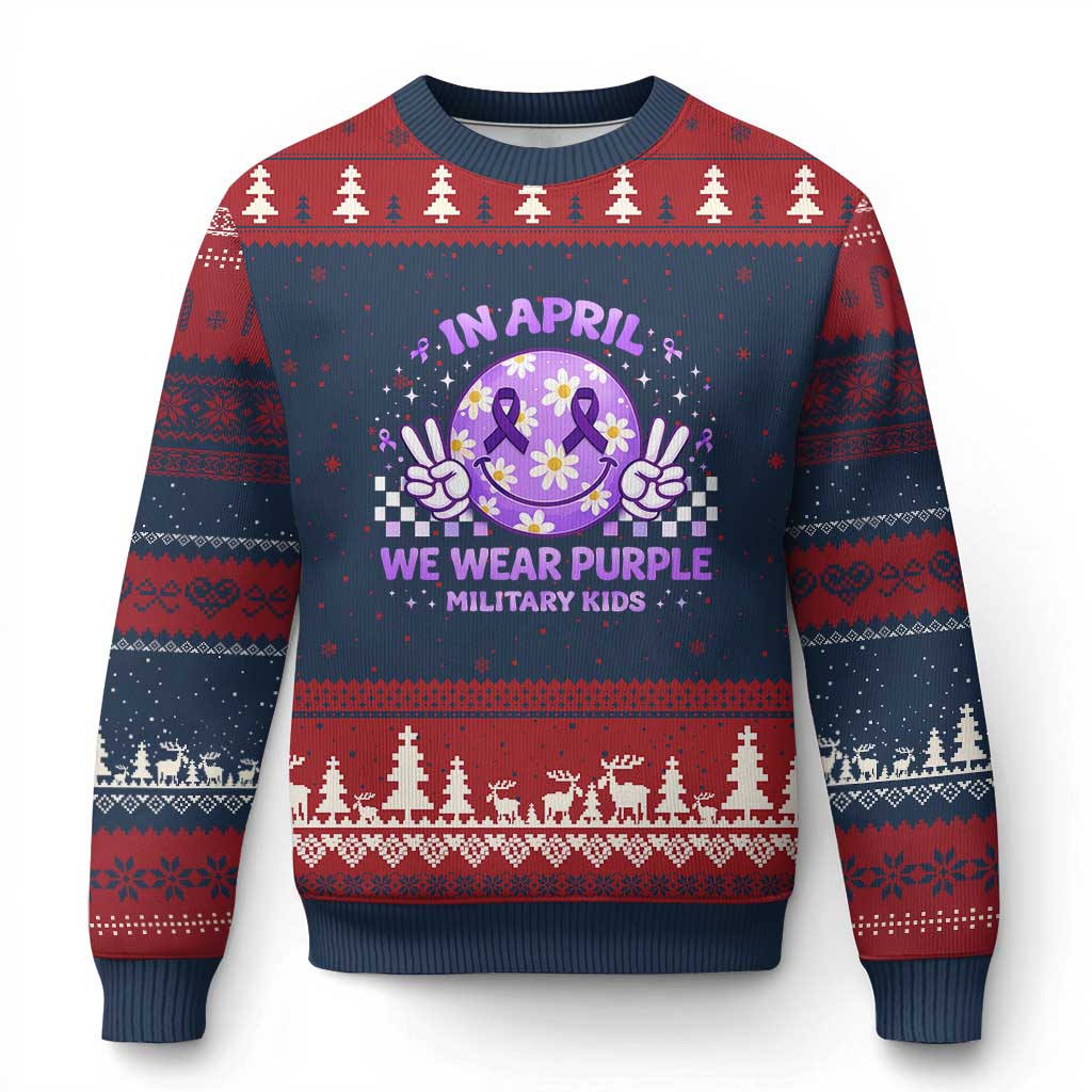 Proud Military Kids Ugly Christmas Sweater Groovy Smile Face In April We Wear Purple Military Child Month TS10 Navy Red Print Your Wear