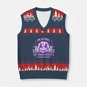 Proud Military Kids V-Neck Knit Sweater Vest Groovy Smile Face In April We Wear Purple Military Child Month TS10 Navy Red Print Your Wear