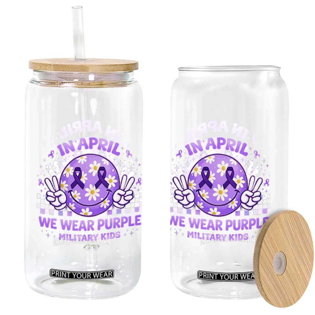 Proud Military Kids Glass Can Groovy Smile Face In April We Wear Purple Military Child Month TS10 Print Your Wear