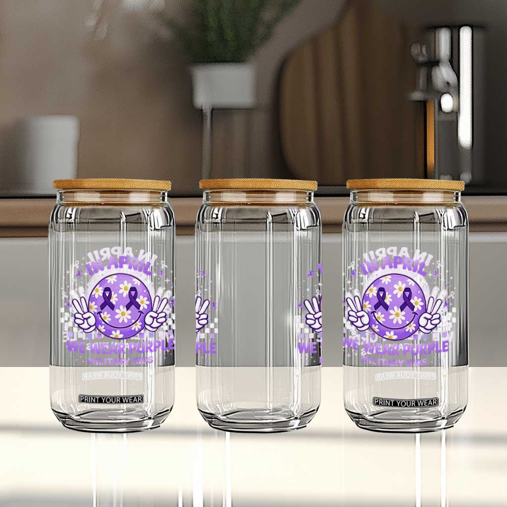 Proud Military Kids Glass Can Groovy Smile Face In April We Wear Purple Military Child Month TS10 Print Your Wear