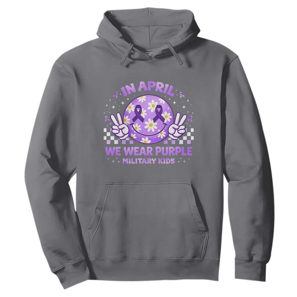 Proud Military Kids Hoodie Groovy Smile Face In April We Wear Purple Military Child Month TS10 Charcoal Print Your Wear