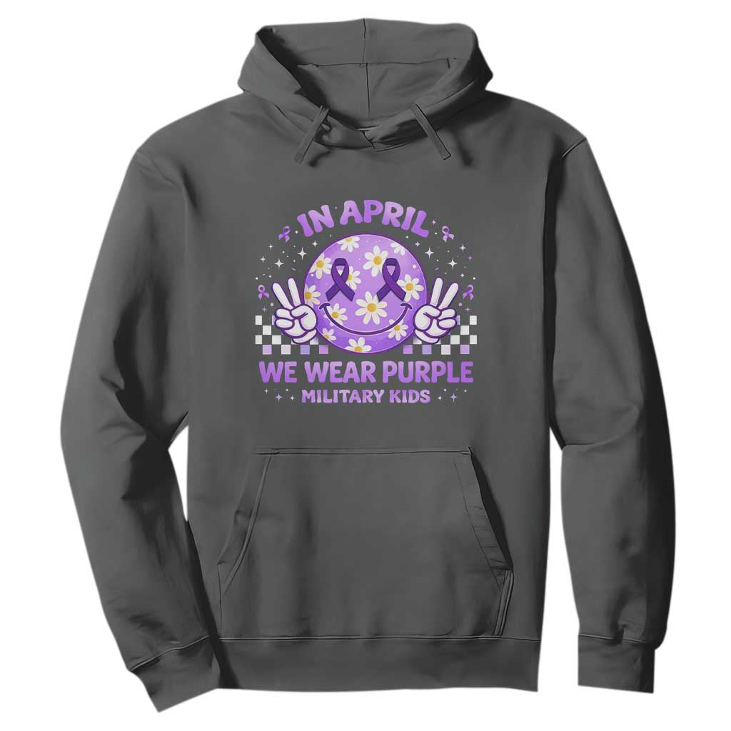 Proud Military Kids Hoodie Groovy Smile Face In April We Wear Purple Military Child Month TS10 Dark Heather Print Your Wear