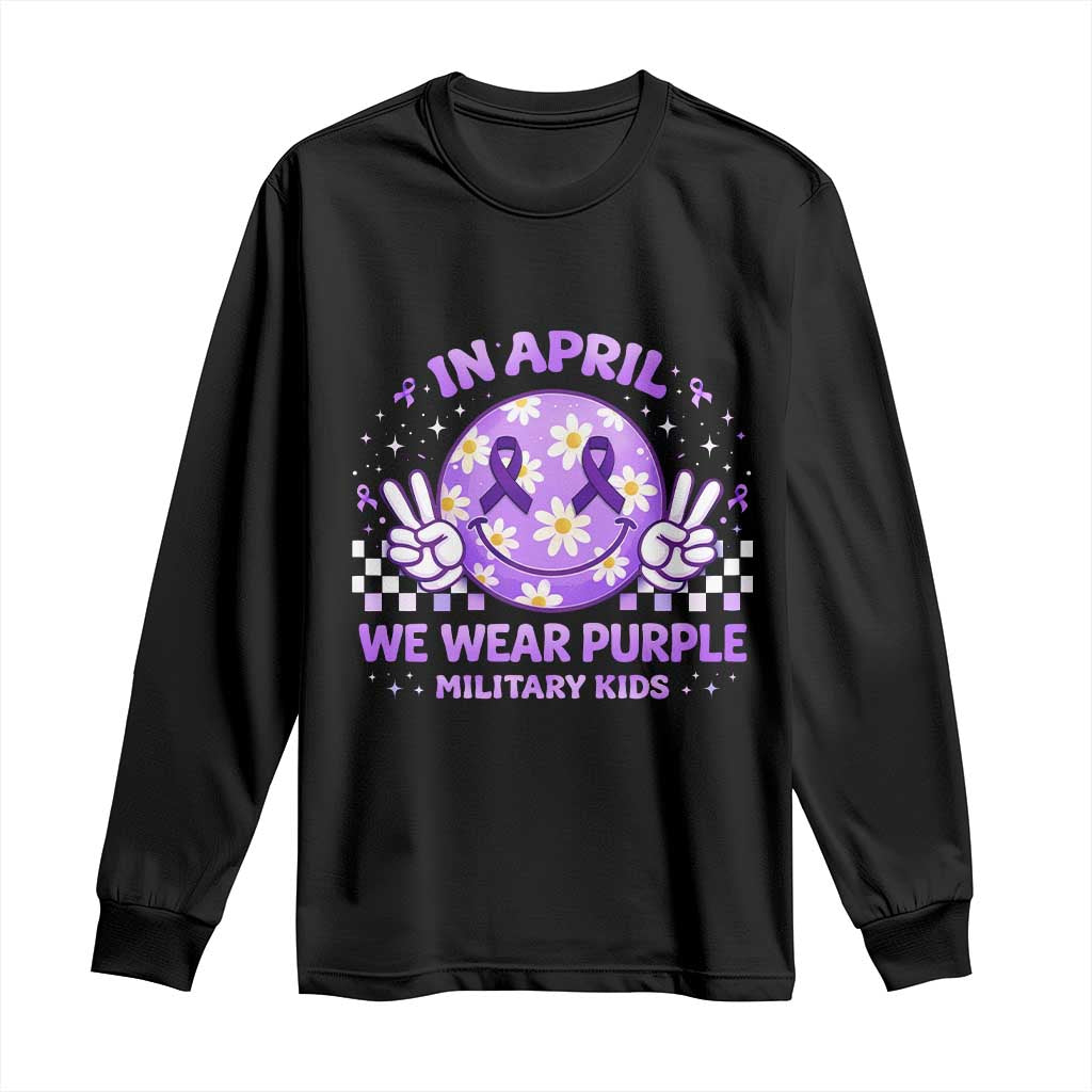 Proud Military Kids Long Sleeve Shirt Groovy Smile Face In April We Wear Purple Military Child Month TS10 Black Print Your Wear
