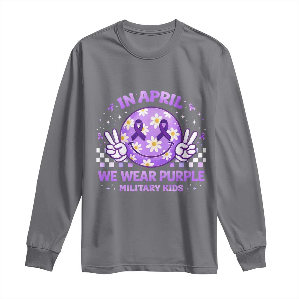 Proud Military Kids Long Sleeve Shirt Groovy Smile Face In April We Wear Purple Military Child Month TS10 Charcoal Print Your Wear