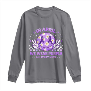 Proud Military Kids Long Sleeve Shirt Groovy Smile Face In April We Wear Purple Military Child Month TS10 Charcoal Print Your Wear