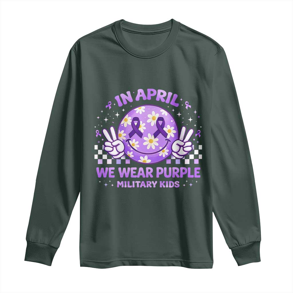 Proud Military Kids Long Sleeve Shirt Groovy Smile Face In April We Wear Purple Military Child Month TS10 Dark Forest Green Print Your Wear