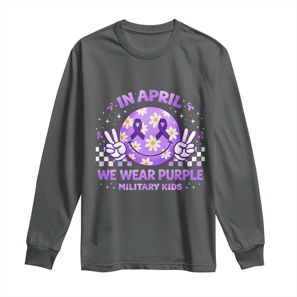 Proud Military Kids Long Sleeve Shirt Groovy Smile Face In April We Wear Purple Military Child Month TS10 Dark Heather Print Your Wear