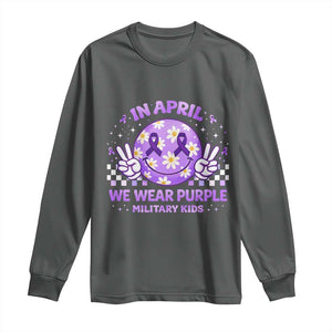 Proud Military Kids Long Sleeve Shirt Groovy Smile Face In April We Wear Purple Military Child Month TS10 Dark Heather Print Your Wear