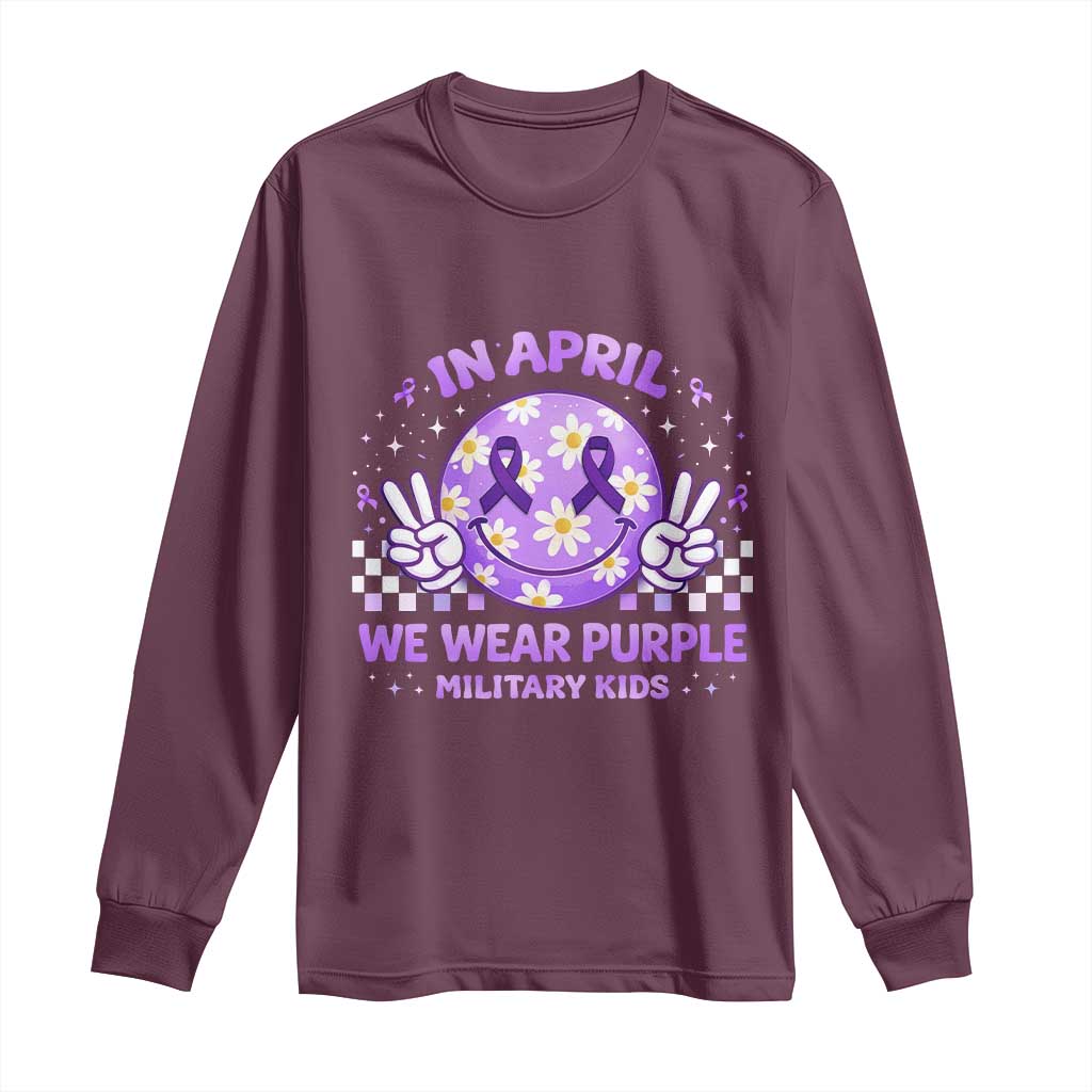 Proud Military Kids Long Sleeve Shirt Groovy Smile Face In April We Wear Purple Military Child Month TS10 Maroon Print Your Wear