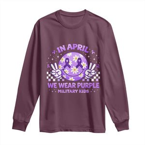 Proud Military Kids Long Sleeve Shirt Groovy Smile Face In April We Wear Purple Military Child Month TS10 Maroon Print Your Wear