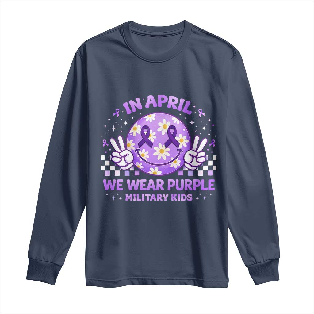 Proud Military Kids Long Sleeve Shirt Groovy Smile Face In April We Wear Purple Military Child Month TS10 Navy Print Your Wear