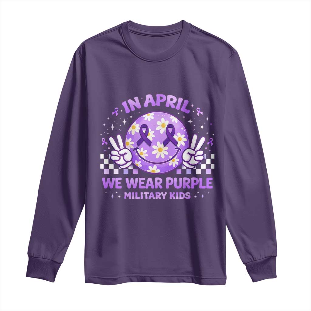 Proud Military Kids Long Sleeve Shirt Groovy Smile Face In April We Wear Purple Military Child Month TS10 Purple Print Your Wear