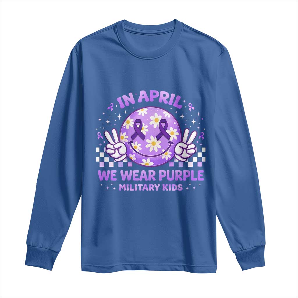 Proud Military Kids Long Sleeve Shirt Groovy Smile Face In April We Wear Purple Military Child Month TS10 Royal Blue Print Your Wear