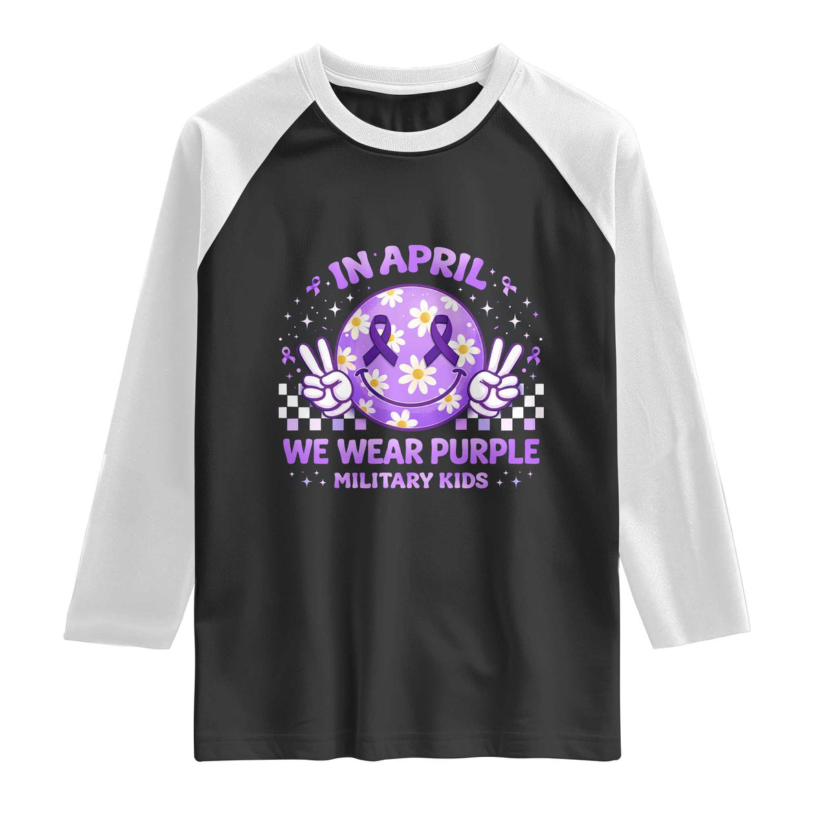 Proud Military Kids Raglan Shirt Groovy Smile Face In April We Wear Purple Military Child Month TS10 Black White Print Your Wear