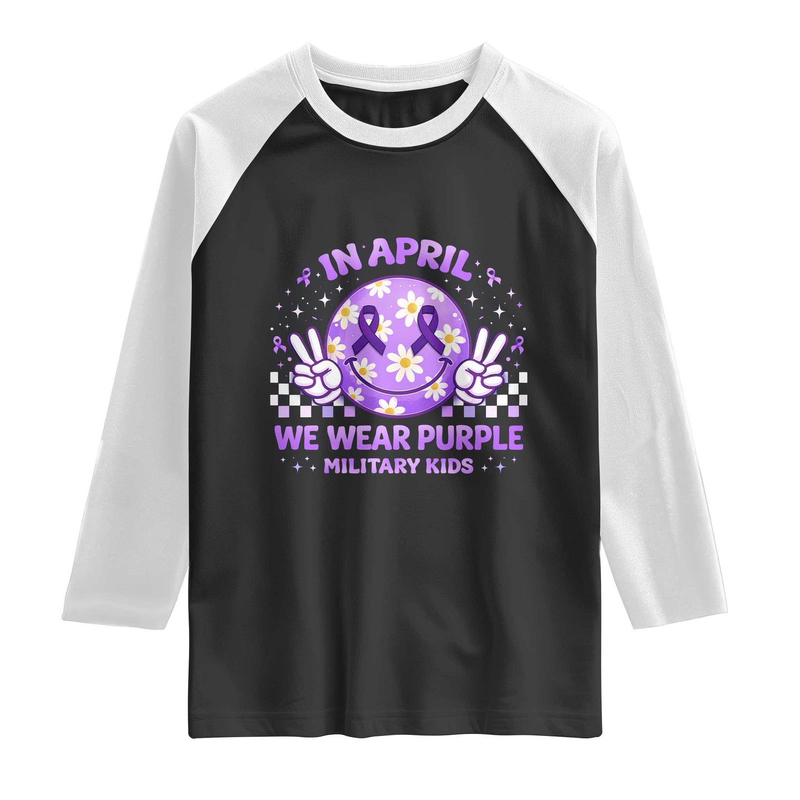 Proud Military Kids Raglan Shirt Groovy Smile Face In April We Wear Purple Military Child Month TS10 Black White Print Your Wear