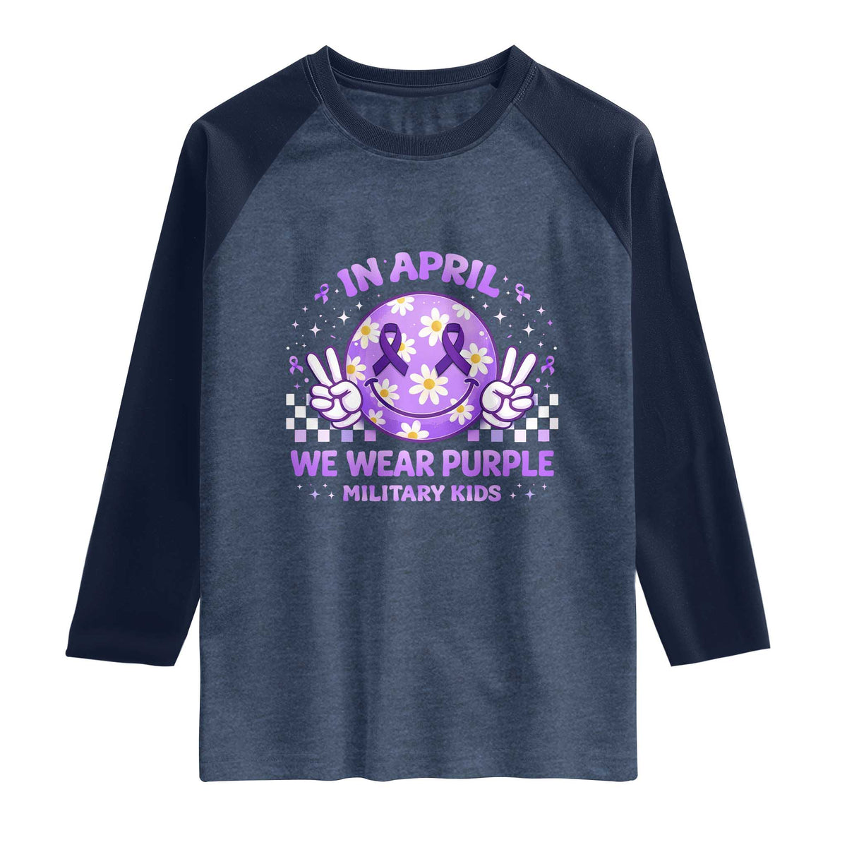 Proud Military Kids Raglan Shirt Groovy Smile Face In April We Wear Purple Military Child Month TS10 Heather Denim Navy Print Your Wear