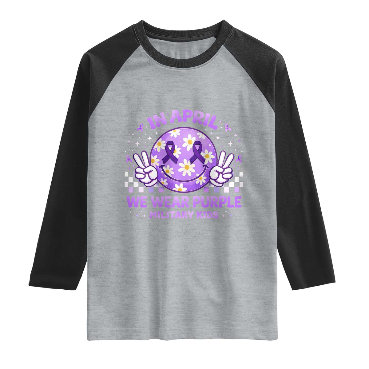 Proud Military Kids Raglan Shirt Groovy Smile Face In April We Wear Purple Military Child Month TS10 Heather Gray Black Print Your Wear